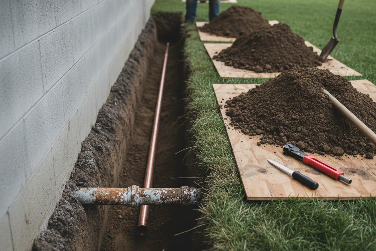 Excavated water line trench during Water Heater Repair in Lyons